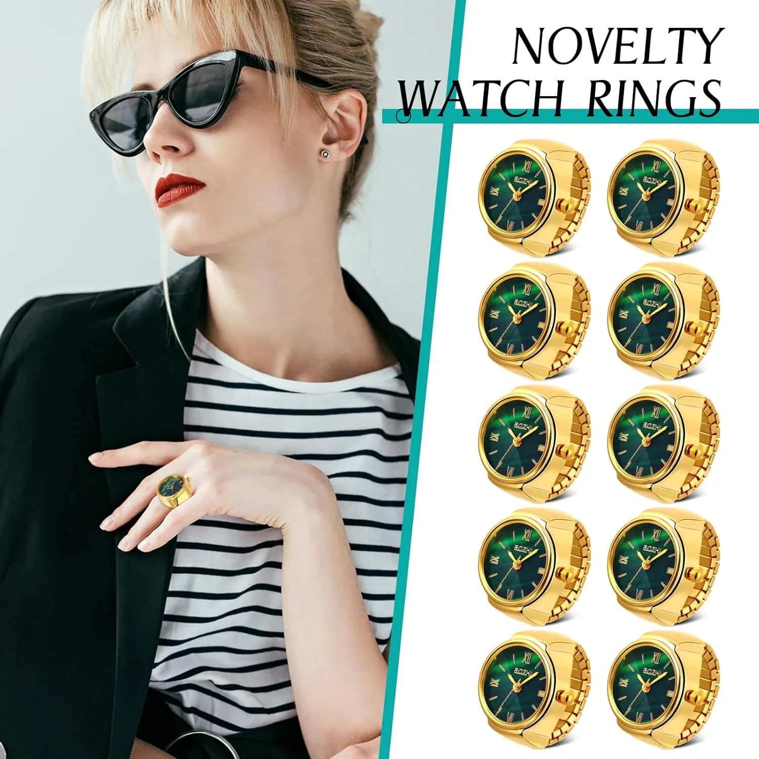 10 Pcs Finger Watches Ring for Women Men Adjustable Clock Rings Bulk Creative Elastic Round Quartz Finger Ring Watches