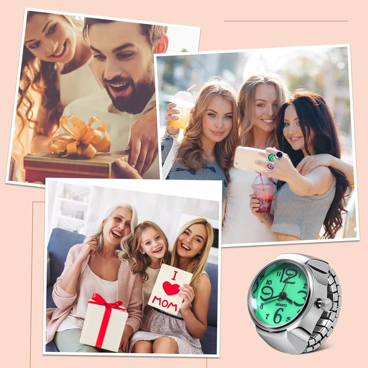 10 Pcs Finger Watches Ring for Women Men Adjustable Clock Rings Bulk Creative Elastic Round Quartz Finger Ring Watches