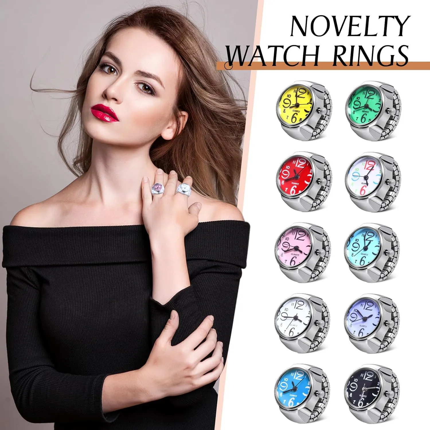 10 Pcs Finger Watches Ring for Women Men Adjustable Clock Rings Bulk Creative Elastic Round Quartz Finger Ring Watches