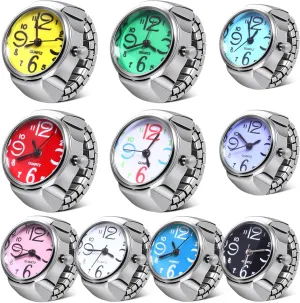 10 Pcs Finger Watches Ring for Women Men Adjustable Clock Rings Bulk Creative Elastic Round Quartz Finger Ring Watches
