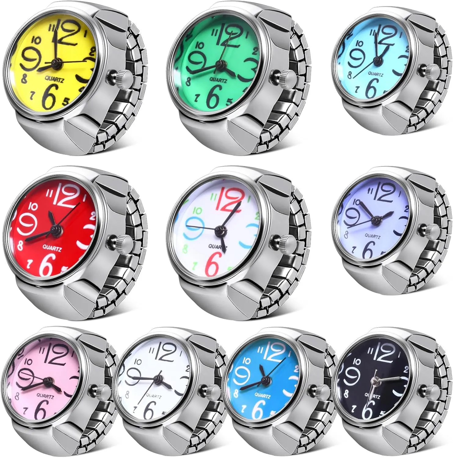 10 Pcs Finger Watches Ring for Women Men Adjustable Clock Rings Bulk Creative Elastic Round Quartz Finger Ring Watches