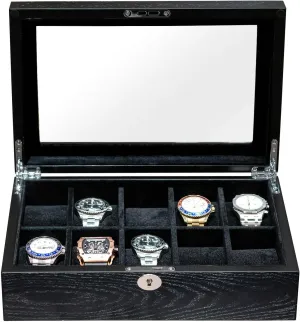 10 Watches Box for Men Watch Display Case, Black Wood Luxury Watch Organizer with Large Glass Window, Ultra Smooth Suede Interior (10W-BB)