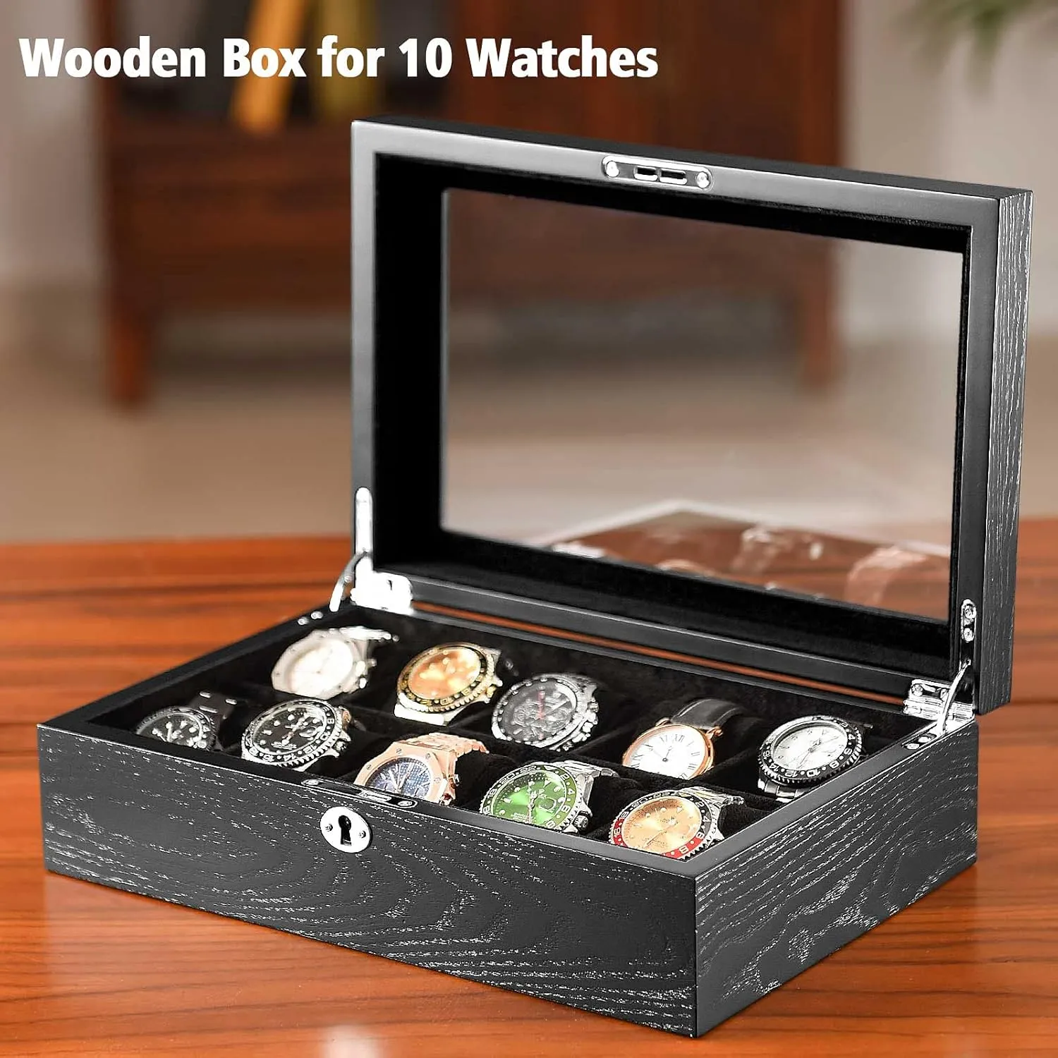 10 Watches Box for Men Watch Display Case, Black Wood Luxury Watch Organizer with Large Glass Window, Ultra Smooth Suede Interior (10W-BB)