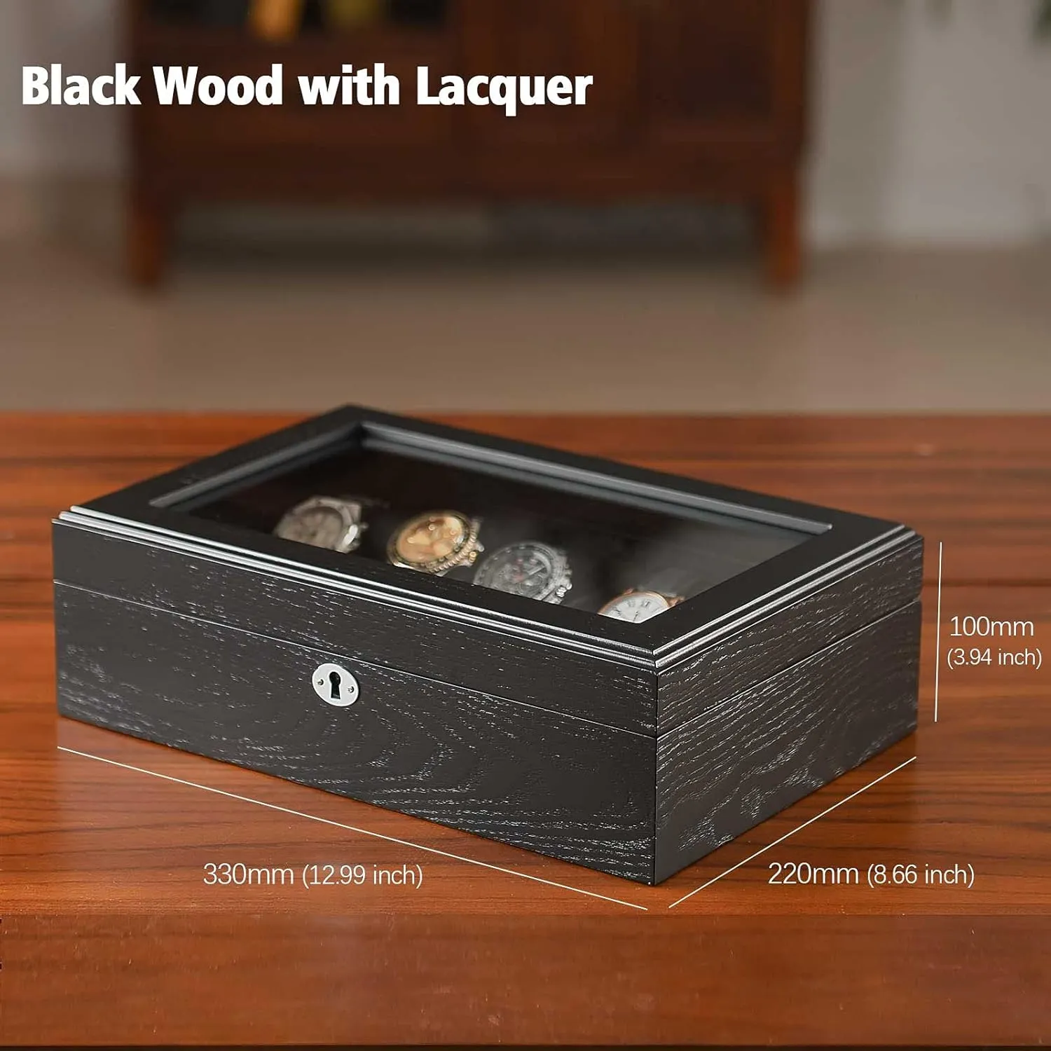 10 Watches Box for Men Watch Display Case, Black Wood Luxury Watch Organizer with Large Glass Window, Ultra Smooth Suede Interior (10W-BB)