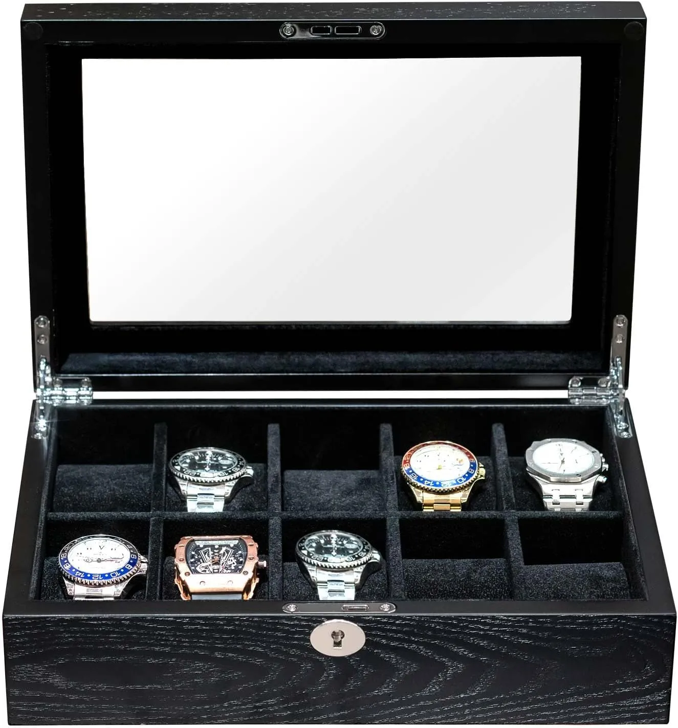 10 Watches Box for Men Watch Display Case, Black Wood Luxury Watch Organizer with Large Glass Window, Ultra Smooth Suede Interior (10W-BB)