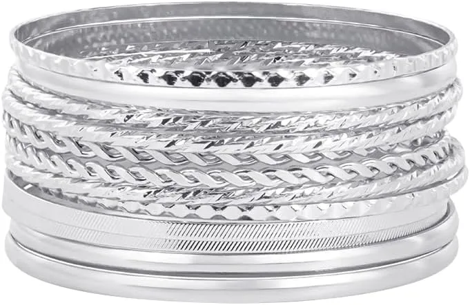 12 Pcs Womens Boho Bangles Trendy Stackable Bracelets Layered Silver Bangles Fashion Multilayer Bracelets Vintage Jewelry Bangles for Birthday Gift