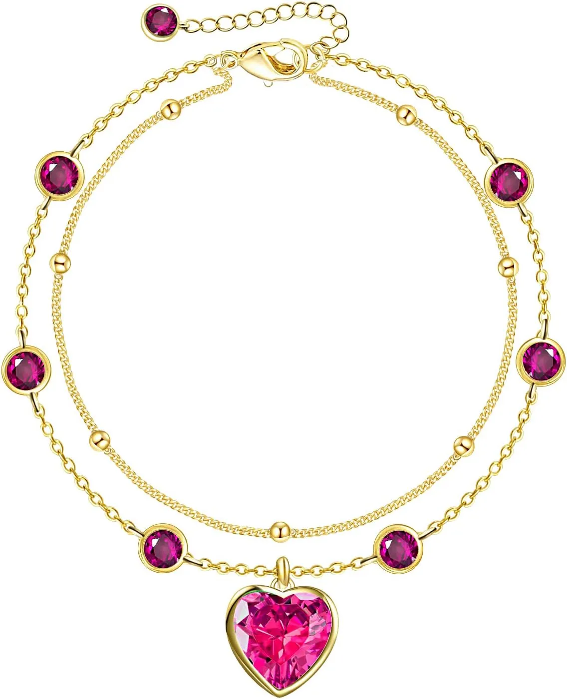 14K Gold Anklets for Women Waterproof - Heart Shape Handmade Dainty Layered Rhinestone Anklet - Not Tarnish,Beaded Design,10 Inch for Summer,Beach - Awesome Gift