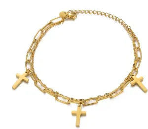 14K Real Gold Plated Cross Bracelets/Anklets for Women Stainless Steel Layered Paperclip Link Chain Bracelets Jewelry Gifts