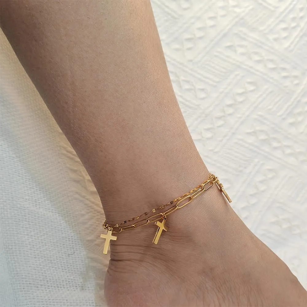 14K Real Gold Plated Cross Bracelets/Anklets for Women Stainless Steel Layered Paperclip Link Chain Bracelets Jewelry Gifts