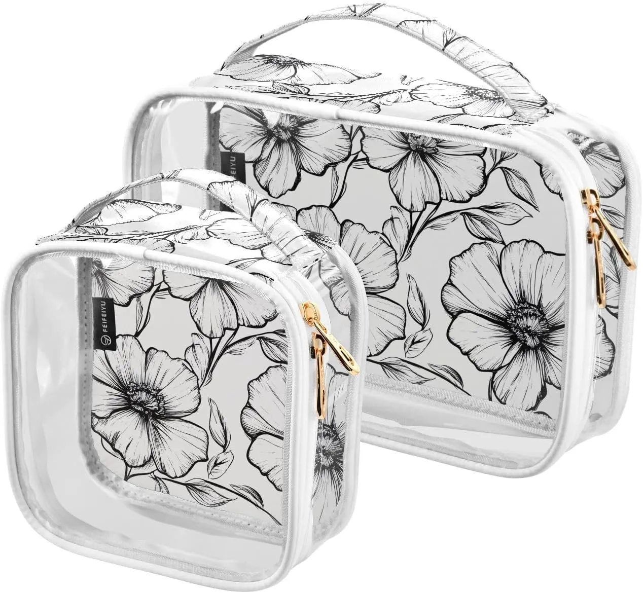 2 Pack Clear Makeup Bag, Black and White Line Flowers Cosmetic Organizer Waterproof Travel Toiletry Bags for Women Transparent Handbag Purse