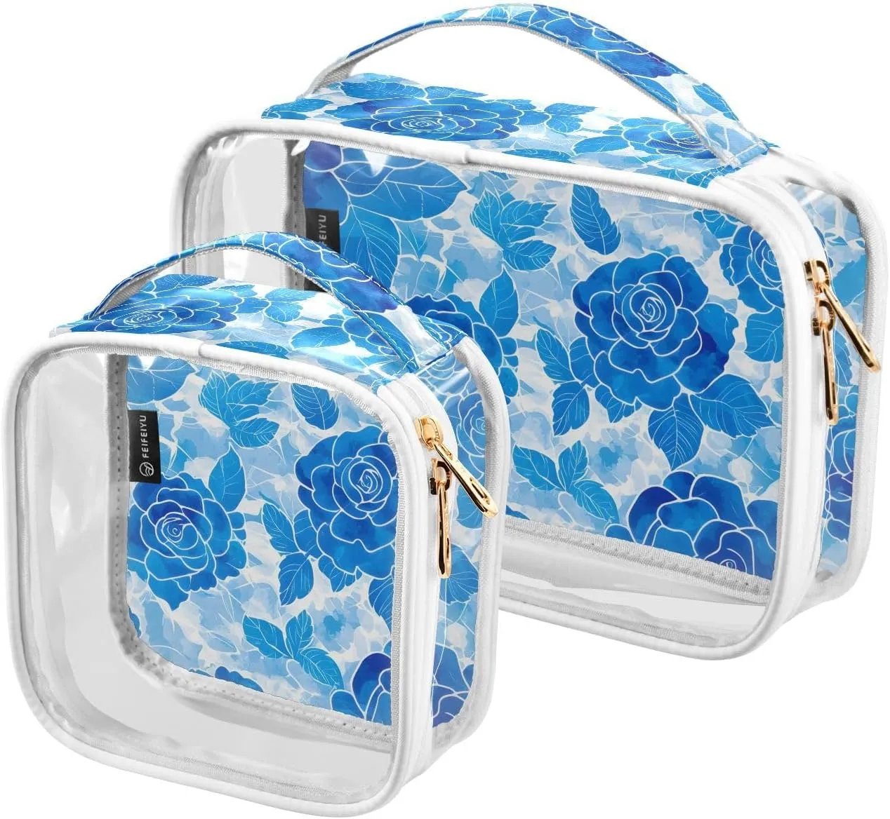 2 Pack Clear Makeup Bag, Blue Flower Pattern Rose Cosmetic Organizer Waterproof Travel Toiletry Bags for Women Transparent Handbag Purse