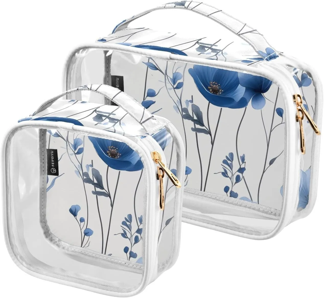 2 Pack Clear Makeup Bag, Blue Flowers Leaves Pattern Cosmetic Organizer Waterproof Travel Toiletry Bags for Women Transparent Handbag Purse