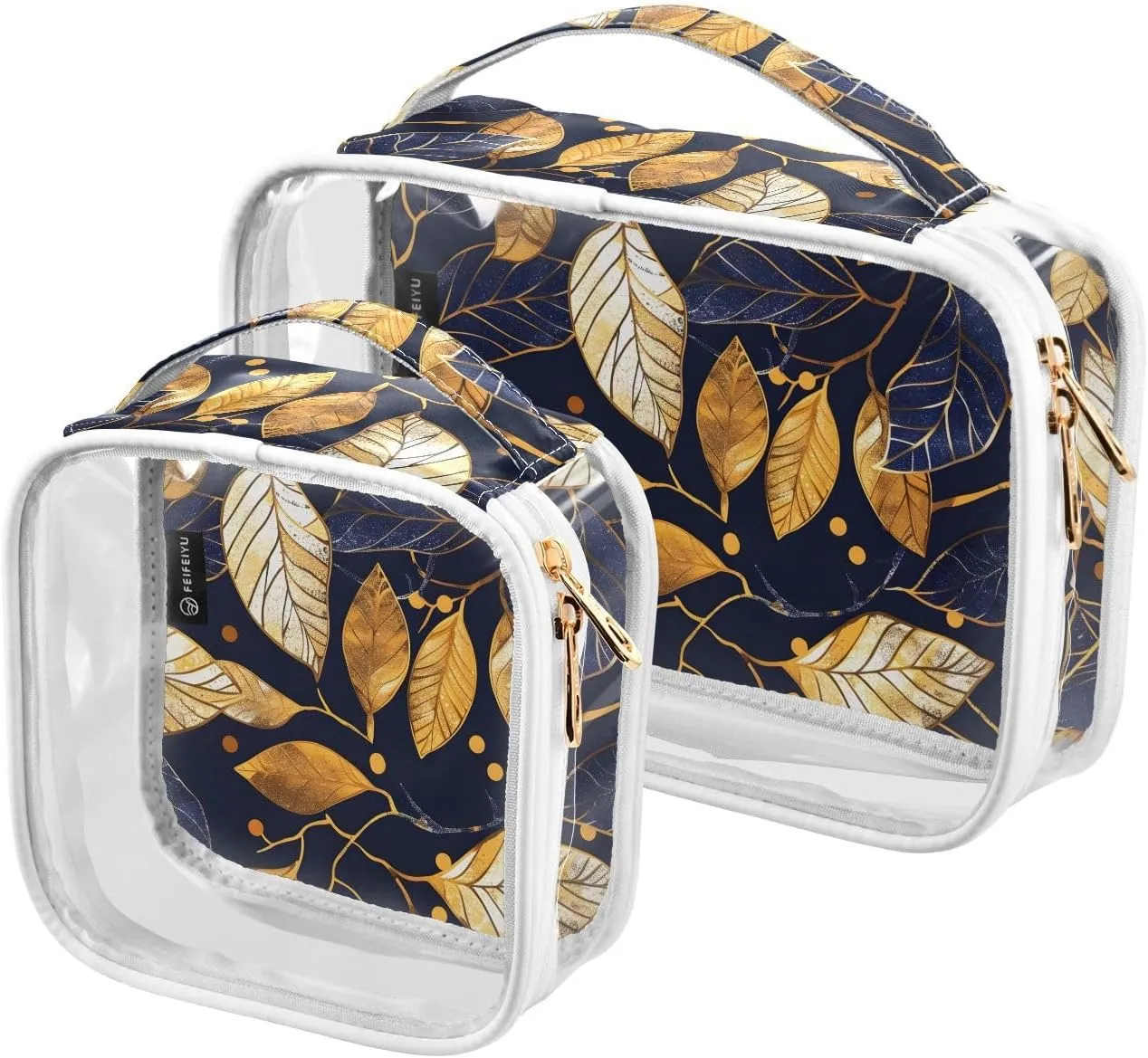 2 Pack Clear Makeup Bag, Blue Yellow Gradient Leaves Cosmetic Organizer Waterproof Travel Toiletry Bags for Women Transparent Handbag Purse