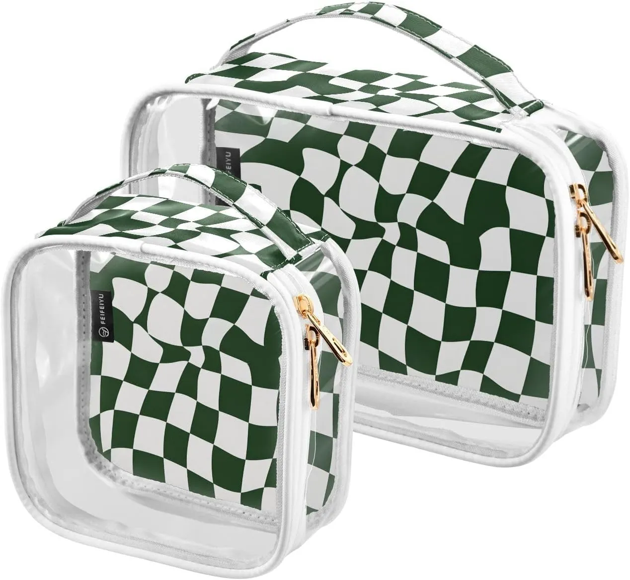 2 Pack Clear Makeup Bag, Checked Pattern Green Cosmetic Organizer Waterproof Travel Toiletry Bags for Women Transparent Handbag Purse