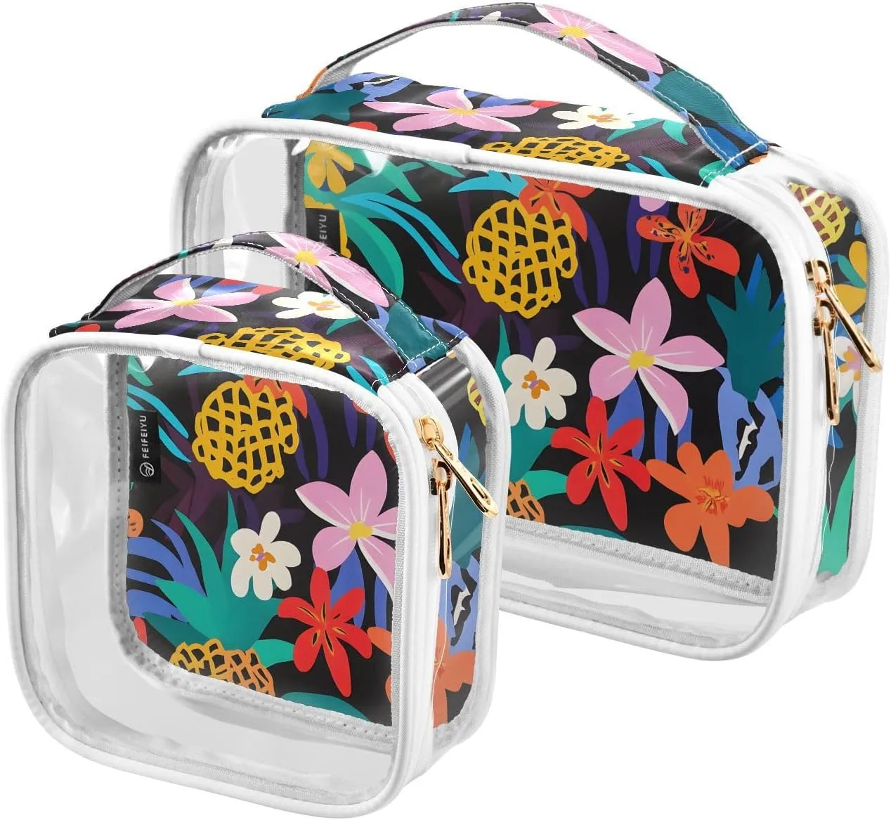2 Pack Clear Makeup Bag, Colorful Flowers Pattern Cosmetic Organizer Waterproof Travel Toiletry Bags for Women Transparent Handbag Purse