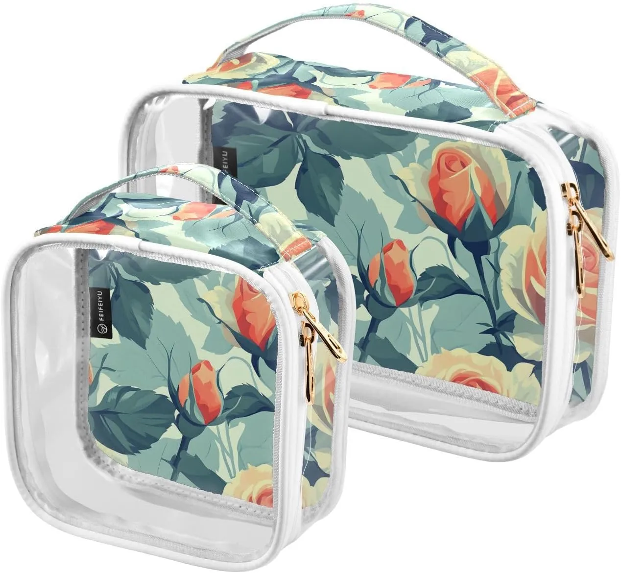 2 Pack Clear Makeup Bag, Coral Flower Rose Pattern Green Leaves Cosmetic Organizer Waterproof Travel Toiletry Bags for Women Transparent Handbag Purse