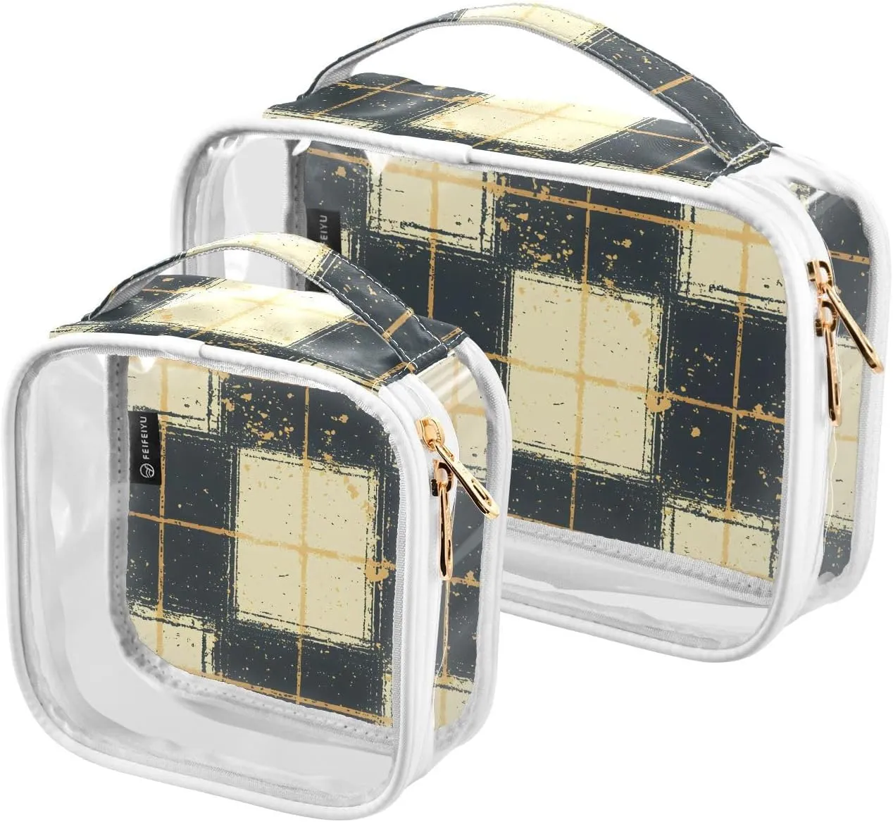 2 Pack Clear Makeup Bag, Distressedcheckered Pattern Cosmetic Organizer Waterproof Travel Toiletry Bags for Women Transparent Handbag Purse