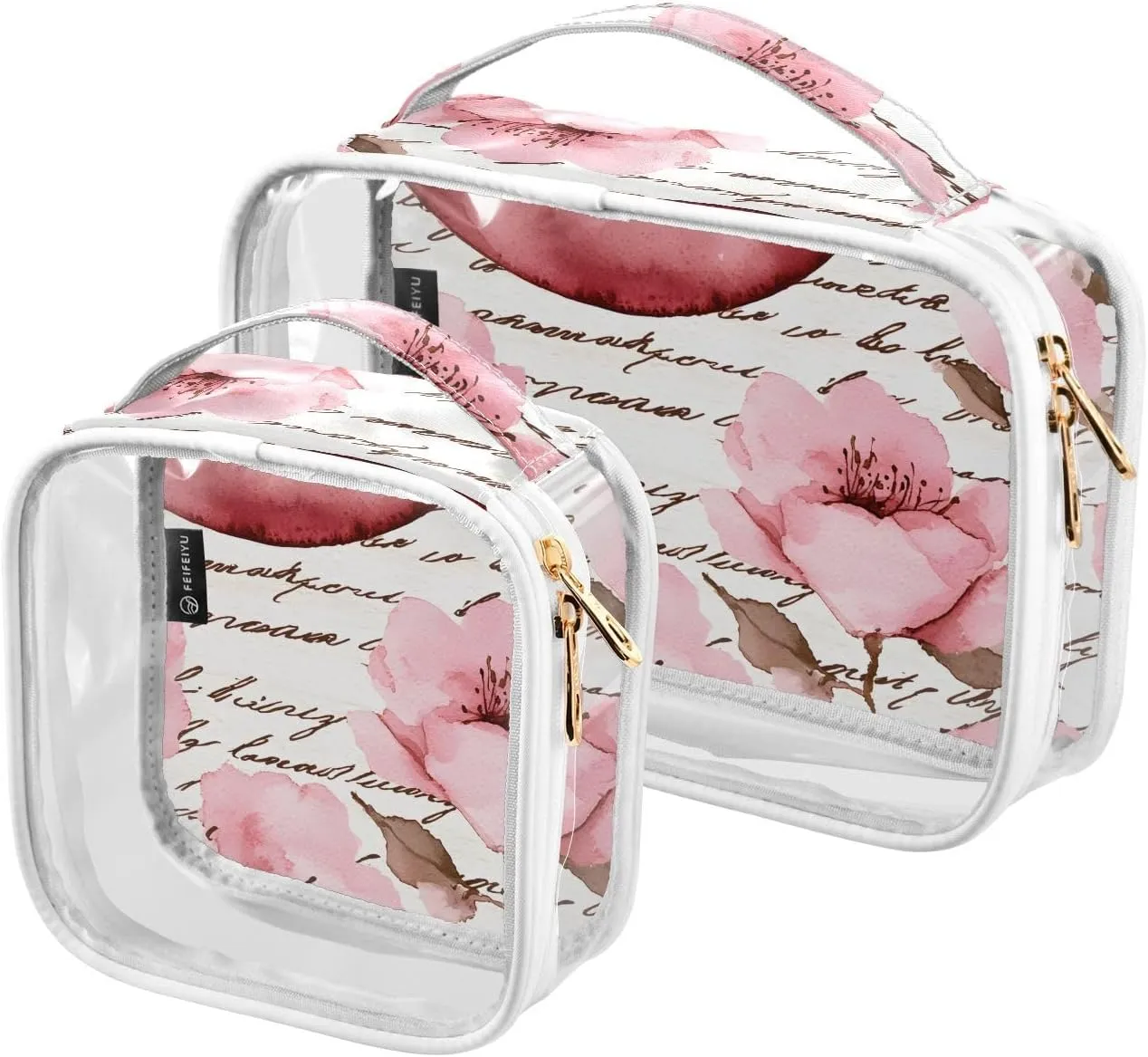 2 Pack Clear Makeup Bag, Flower Leaves Pink Pattern Ball Cosmetic Organizer Waterproof Travel Toiletry Bags for Women Transparent Handbag Purse