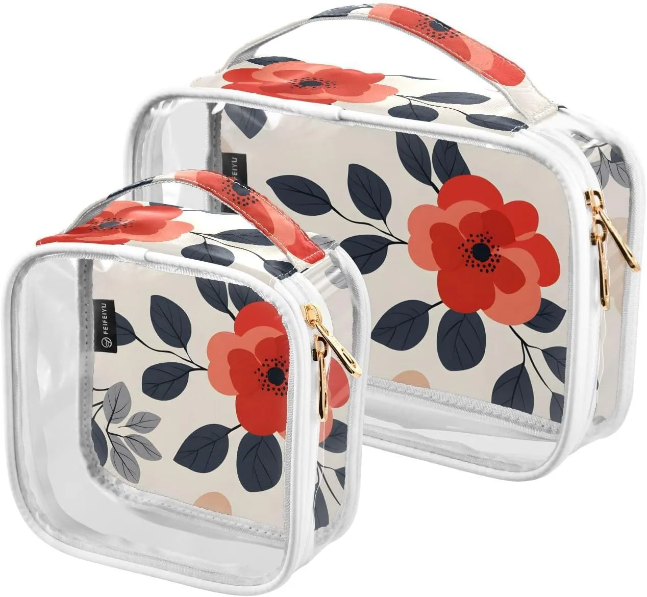2 Pack Clear Makeup Bag, Flower Leaves Red Pattern Black Leaves Cosmetic Organizer Waterproof Travel Toiletry Bags for Women Transparent Handbag Purse