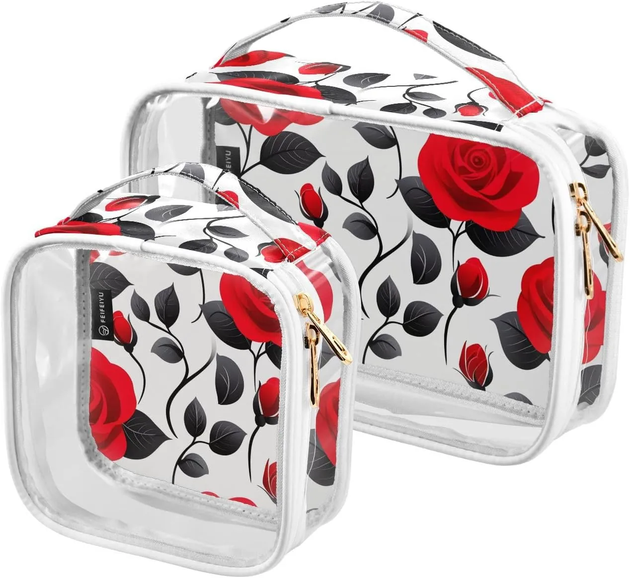 2 Pack Clear Makeup Bag, Flower Red Rose Pattern Cosmetic Organizer Waterproof Travel Toiletry Bags for Women Transparent Handbag Purse