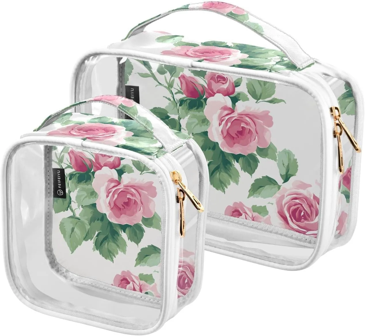 2 Pack Clear Makeup Bag, Flower Rose Pink Pattern Green Leaves Cosmetic Organizer Waterproof Travel Toiletry Bags for Women Transparent Handbag Purse
