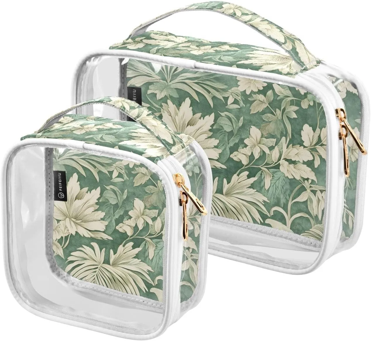 2 Pack Clear Makeup Bag, Green Flower Pattern Cosmetic Organizer Waterproof Travel Toiletry Bags for Women Transparent Handbag Purse