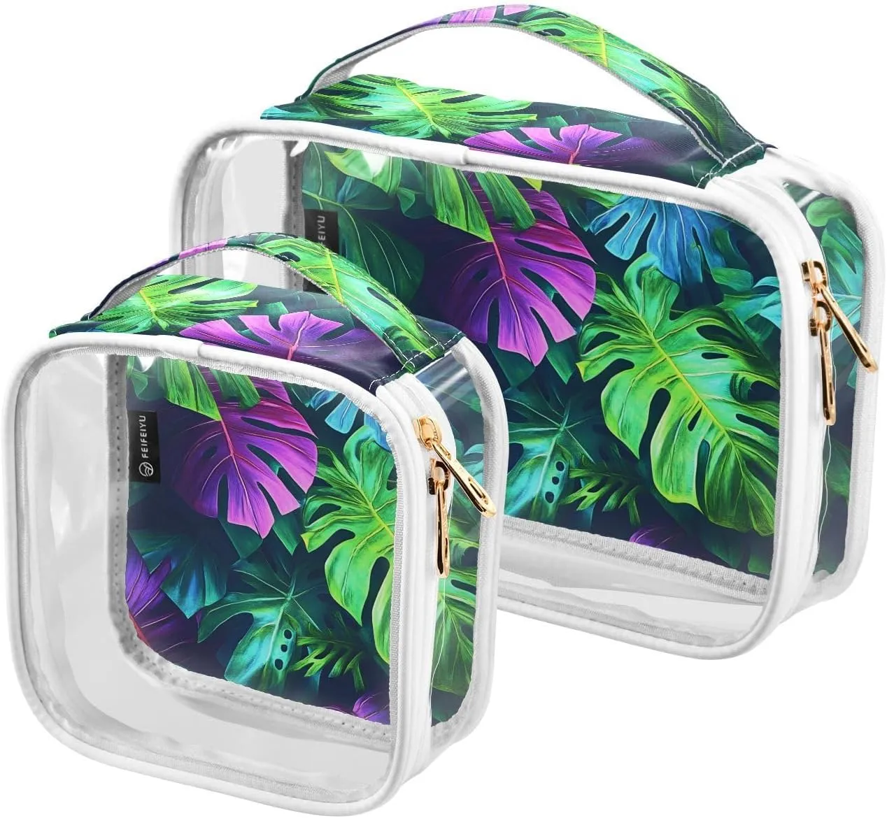 2 Pack Clear Makeup Bag, Green Leaves Monstera Pattern Cosmetic Organizer Waterproof Travel Toiletry Bags for Women Transparent Handbag Purse