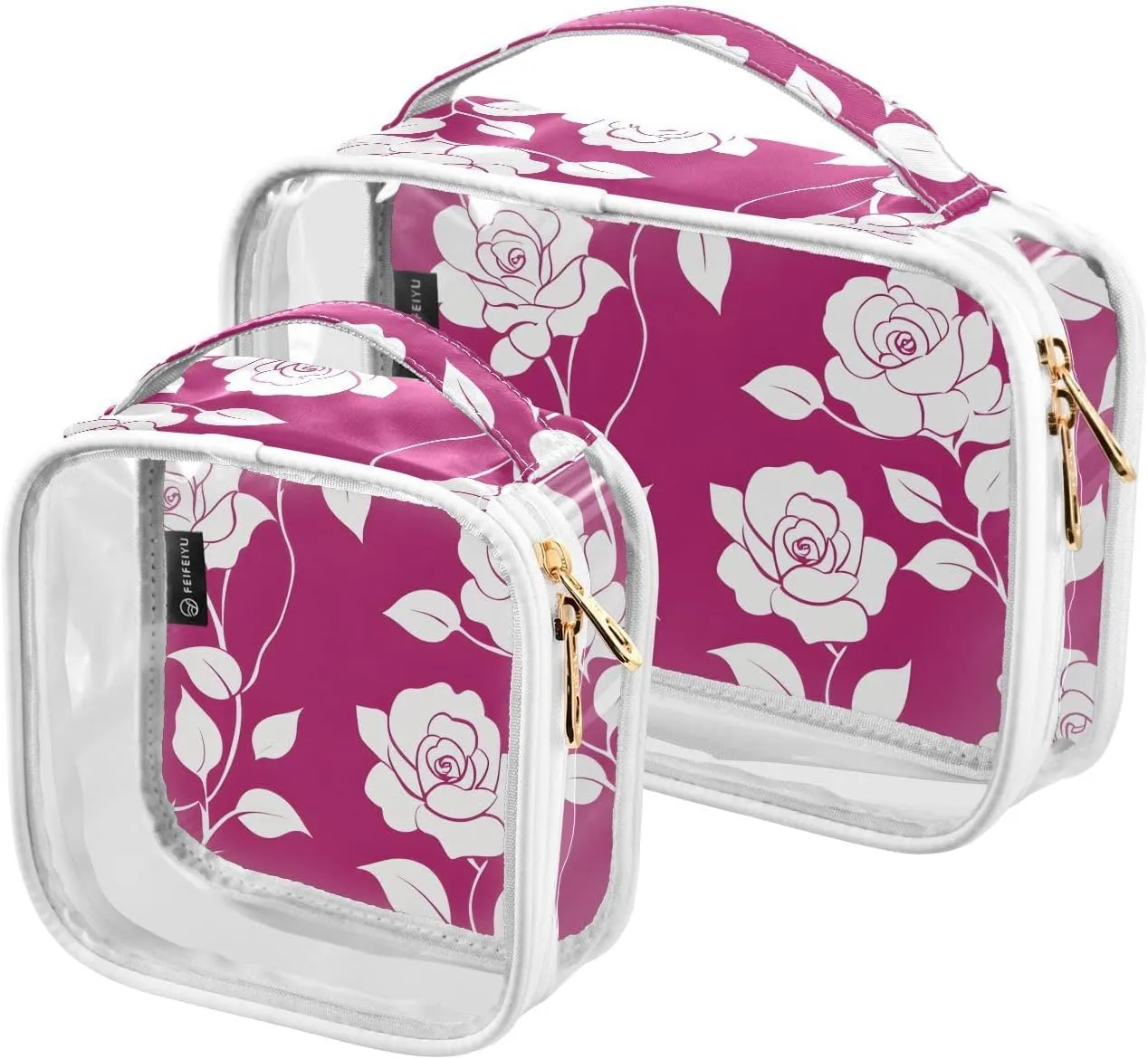 2 Pack Clear Makeup Bag, Leaves Flower Pattern Rose Red Cosmetic Organizer Waterproof Travel Toiletry Bags for Women Transparent Handbag Purse