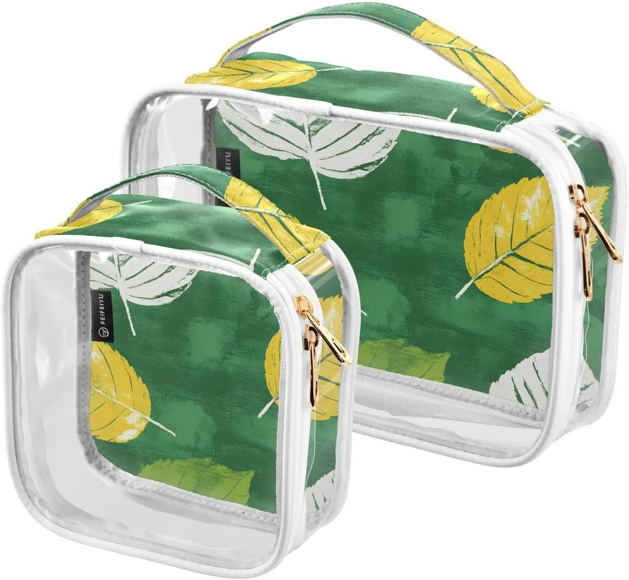 2 Pack Clear Makeup Bag, Leaves Green Pattern Yellow White Cosmetic Organizer Waterproof Travel Toiletry Bags for Women Transparent Handbag Purse