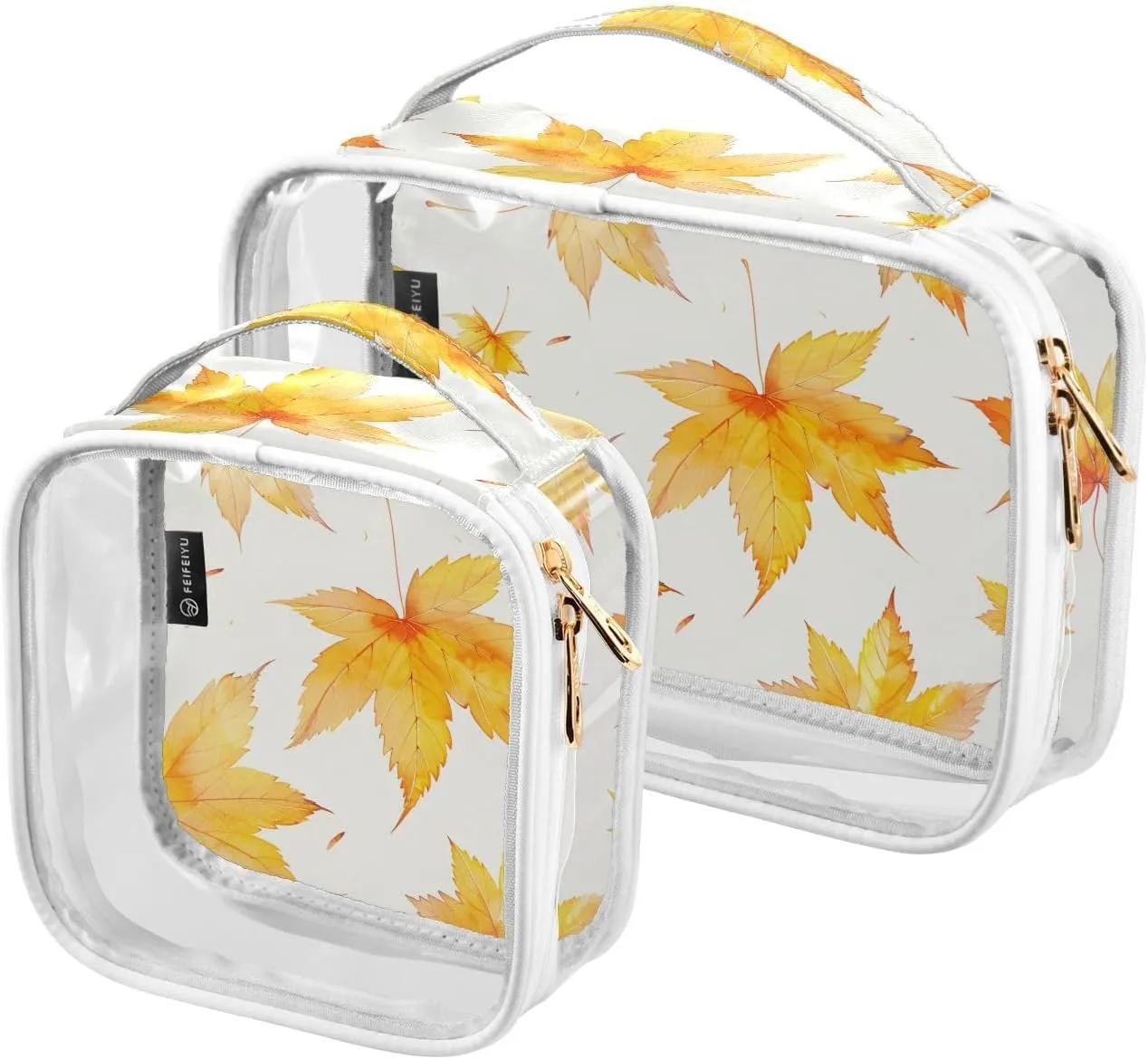 2 Pack Clear Makeup Bag, Leaves Yellow Cosmetic Organizer Waterproof Travel Toiletry Bags for Women Transparent Handbag Purse