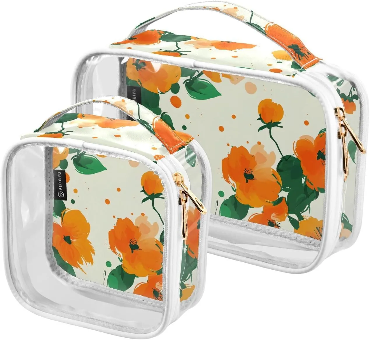 2 Pack Clear Makeup Bag, Orange Flower Green Pattern Cosmetic Organizer Waterproof Travel Toiletry Bags for Women Transparent Handbag Purse