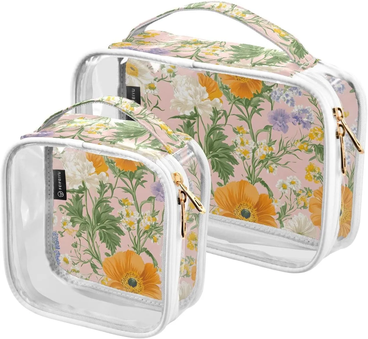 2 Pack Clear Makeup Bag, Orange White Fower Pattern Plants Leaves Cosmetic Organizer Waterproof Travel Toiletry Bags for Women Transparent Handbag Purse