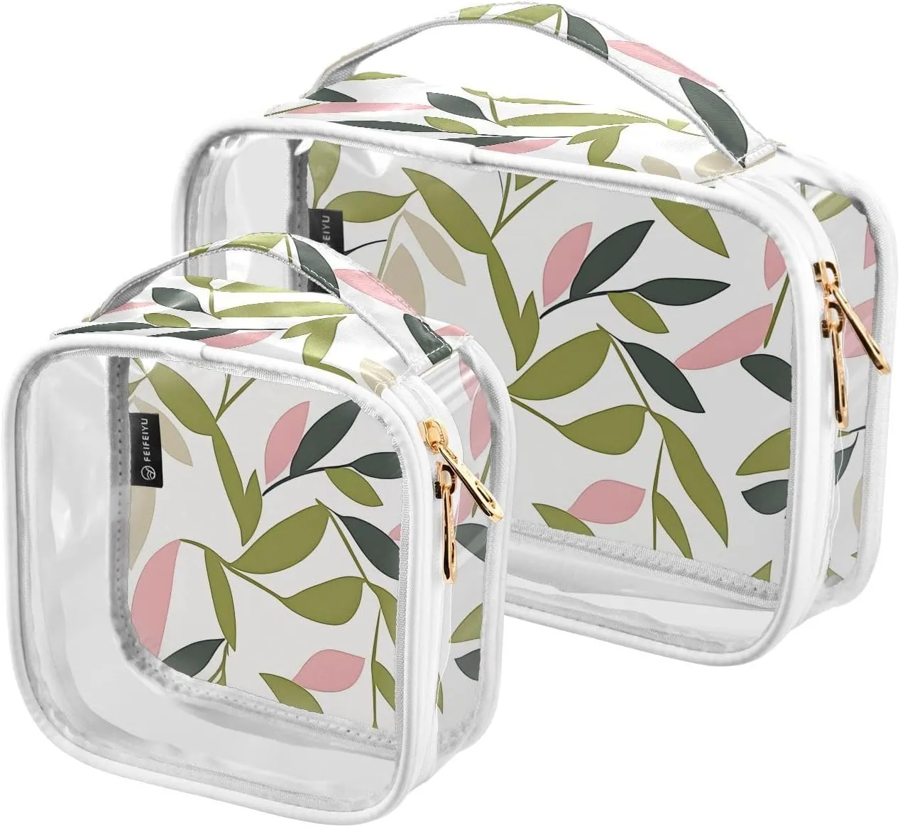 2 Pack Clear Makeup Bag, Pink and Green Leaves Cosmetic Organizer Waterproof Travel Toiletry Bags for Women Transparent Handbag Purse