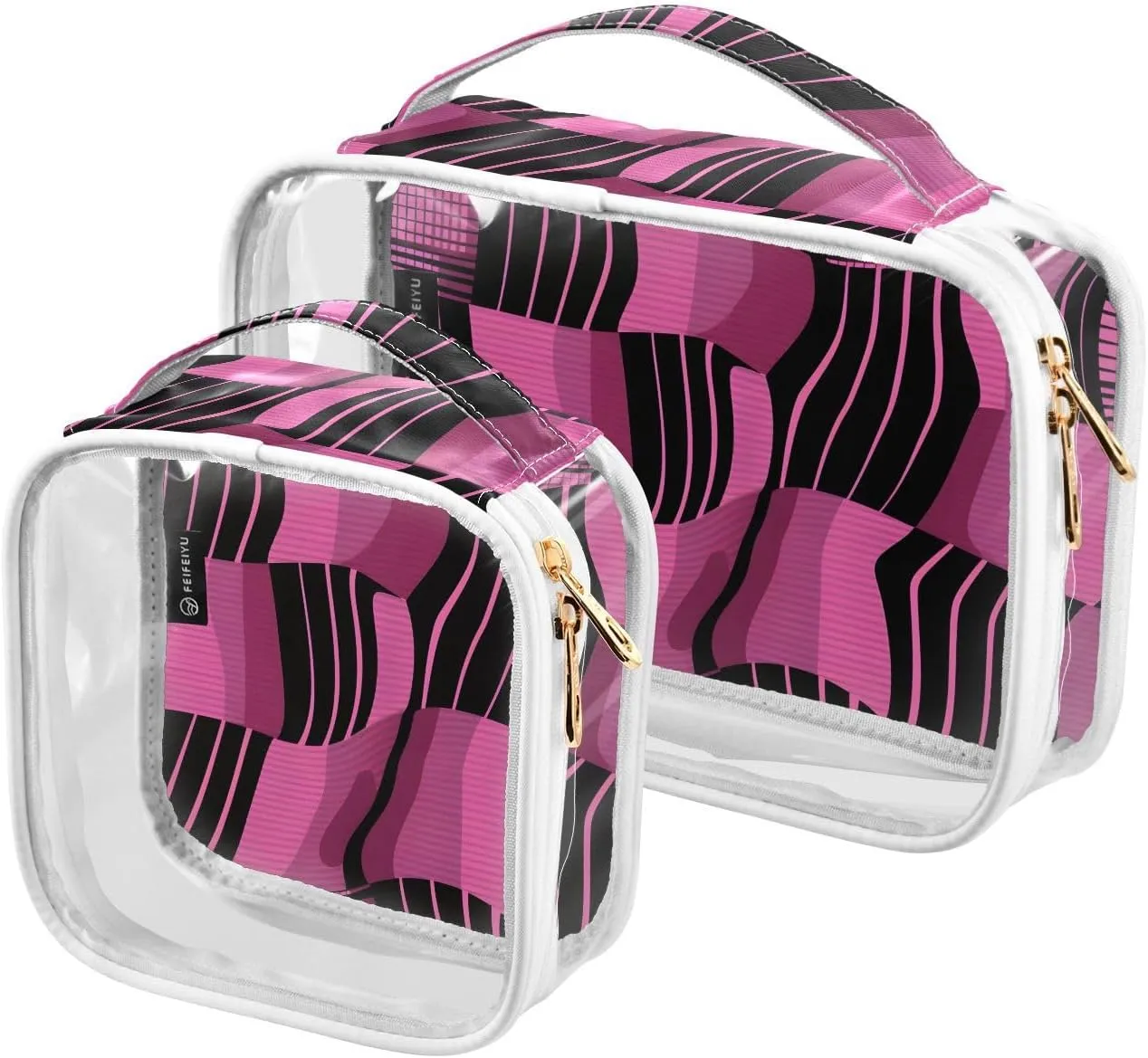 2 Pack Clear Makeup Bag, Pink Black Checked Image Cosmetic Organizer Waterproof Travel Toiletry Bags for Women Transparent Handbag Purse