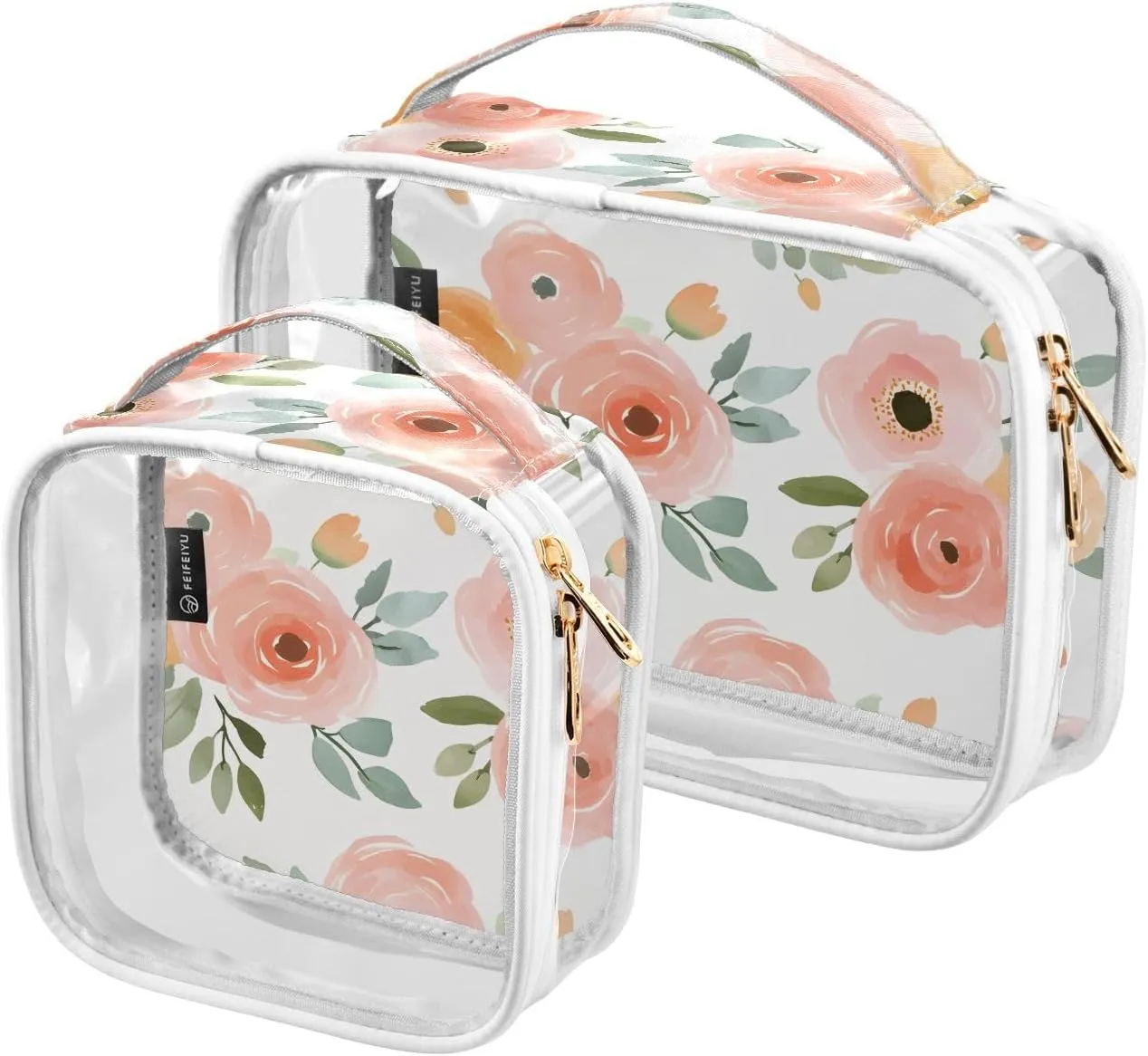 2 Pack Clear Makeup Bag, Pink Flower Color Pattern Cosmetic Organizer Waterproof Travel Toiletry Bags for Women Transparent Handbag Purse