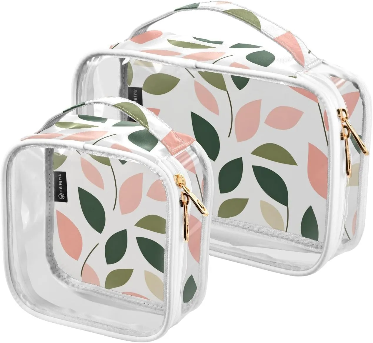 2 Pack Clear Makeup Bag, Pink Green Leaves Cosmetic Organizer Waterproof Travel Toiletry Bags for Women Transparent Handbag Purse