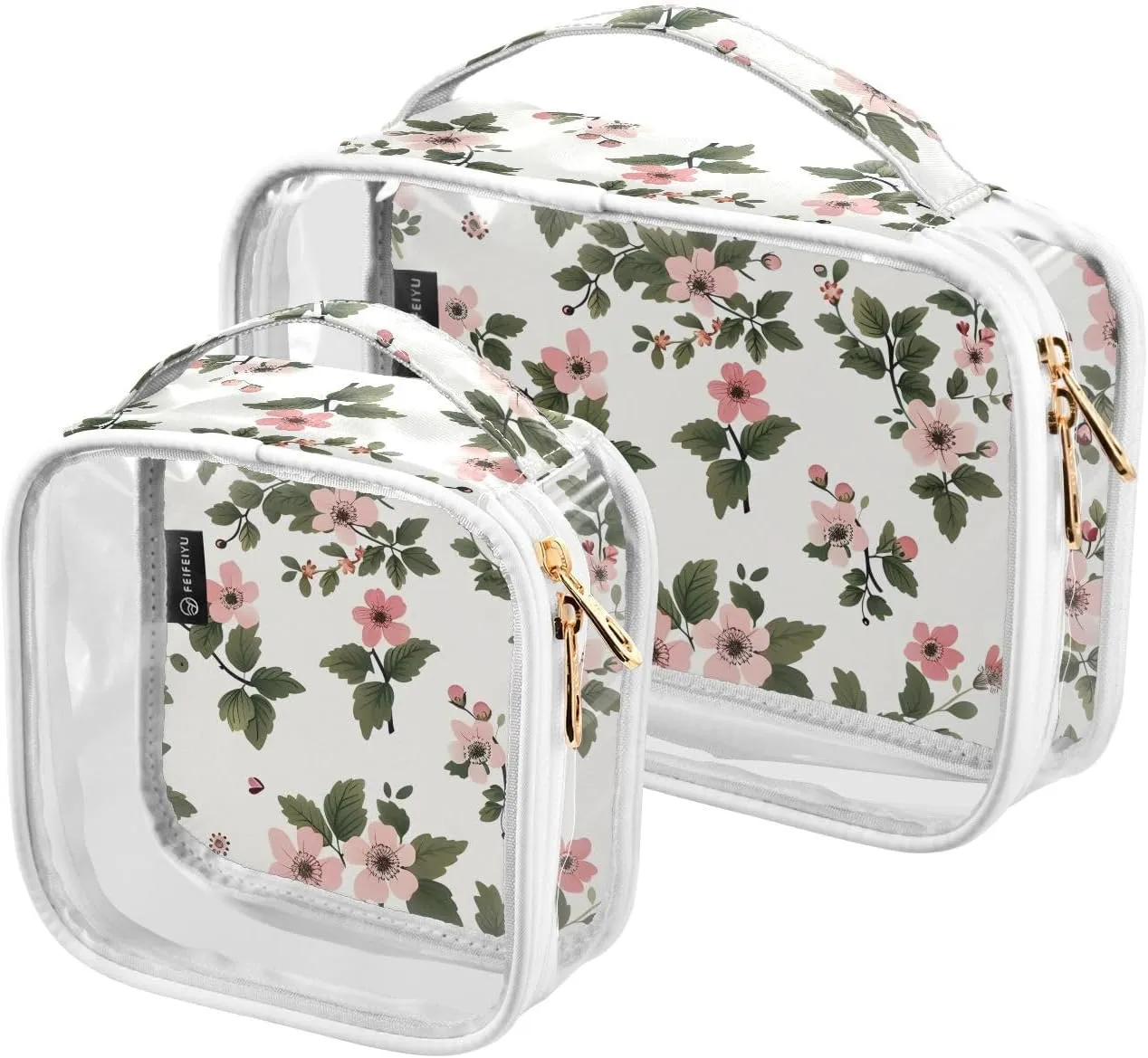 2 Pack Clear Makeup Bag, Plane Leaves Flower Small Cosmetic Organizer Waterproof Travel Toiletry Bags for Women Transparent Handbag Purse