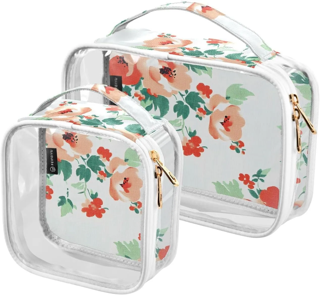 2 Pack Clear Makeup Bag, Red Coral Flower Pattern Green Leaves Cosmetic Organizer Waterproof Travel Toiletry Bags for Women Transparent Handbag Purse