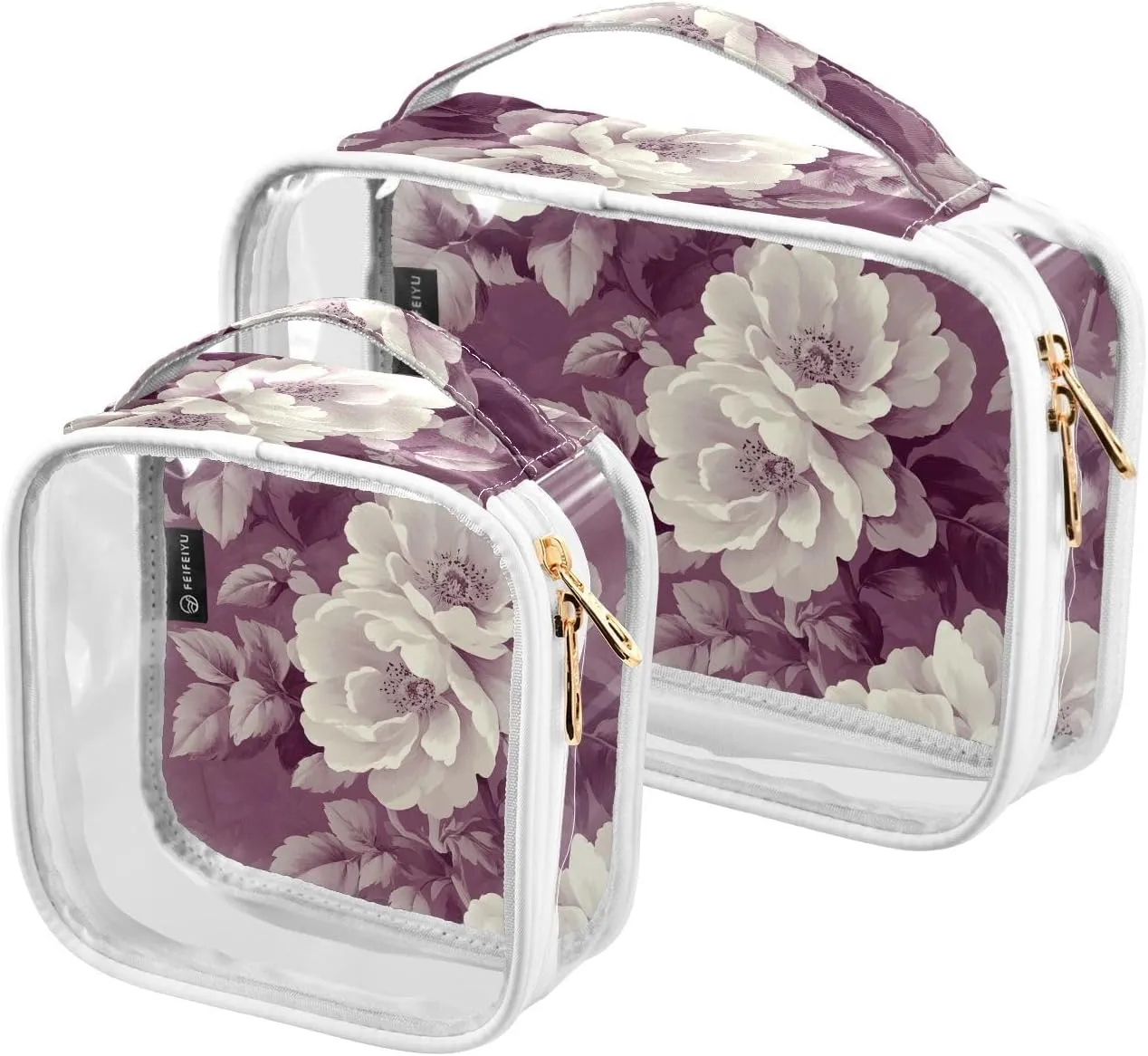 2 Pack Clear Makeup Bag, Red Flower White Pattern Plants Cosmetic Organizer Waterproof Travel Toiletry Bags for Women Transparent Handbag Purse
