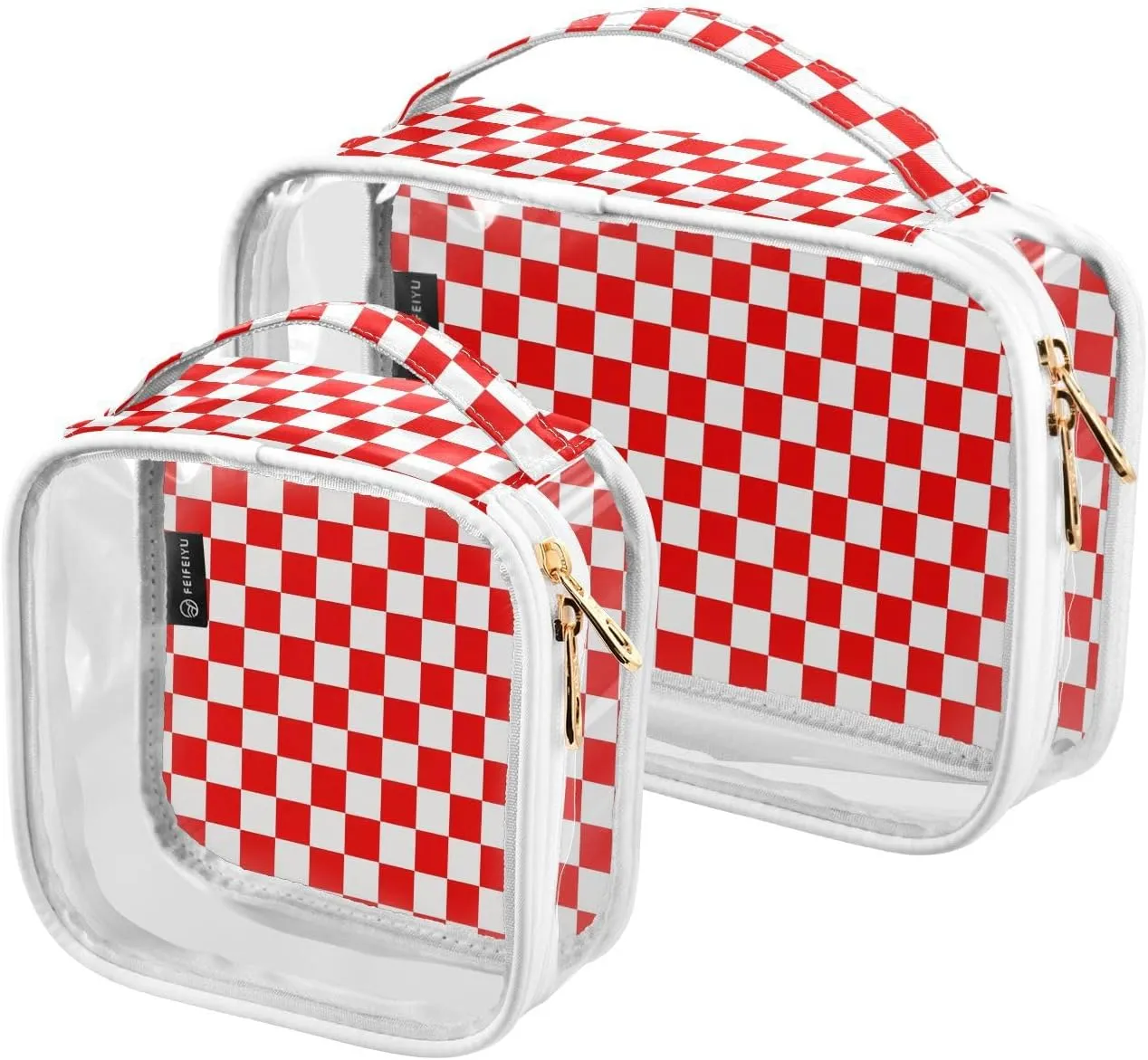 2 Pack Clear Makeup Bag, Red White Checkered Pattern Cosmetic Organizer Waterproof Travel Toiletry Bags for Women Transparent Handbag Purse