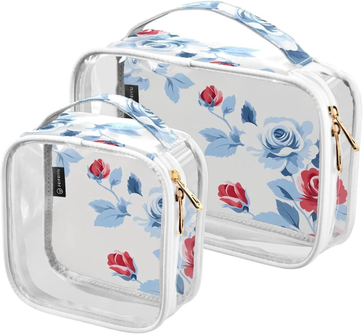 2 Pack Clear Makeup Bag, Red White Flower Pattern Cosmetic Organizer Waterproof Travel Toiletry Bags for Women Transparent Handbag Purse