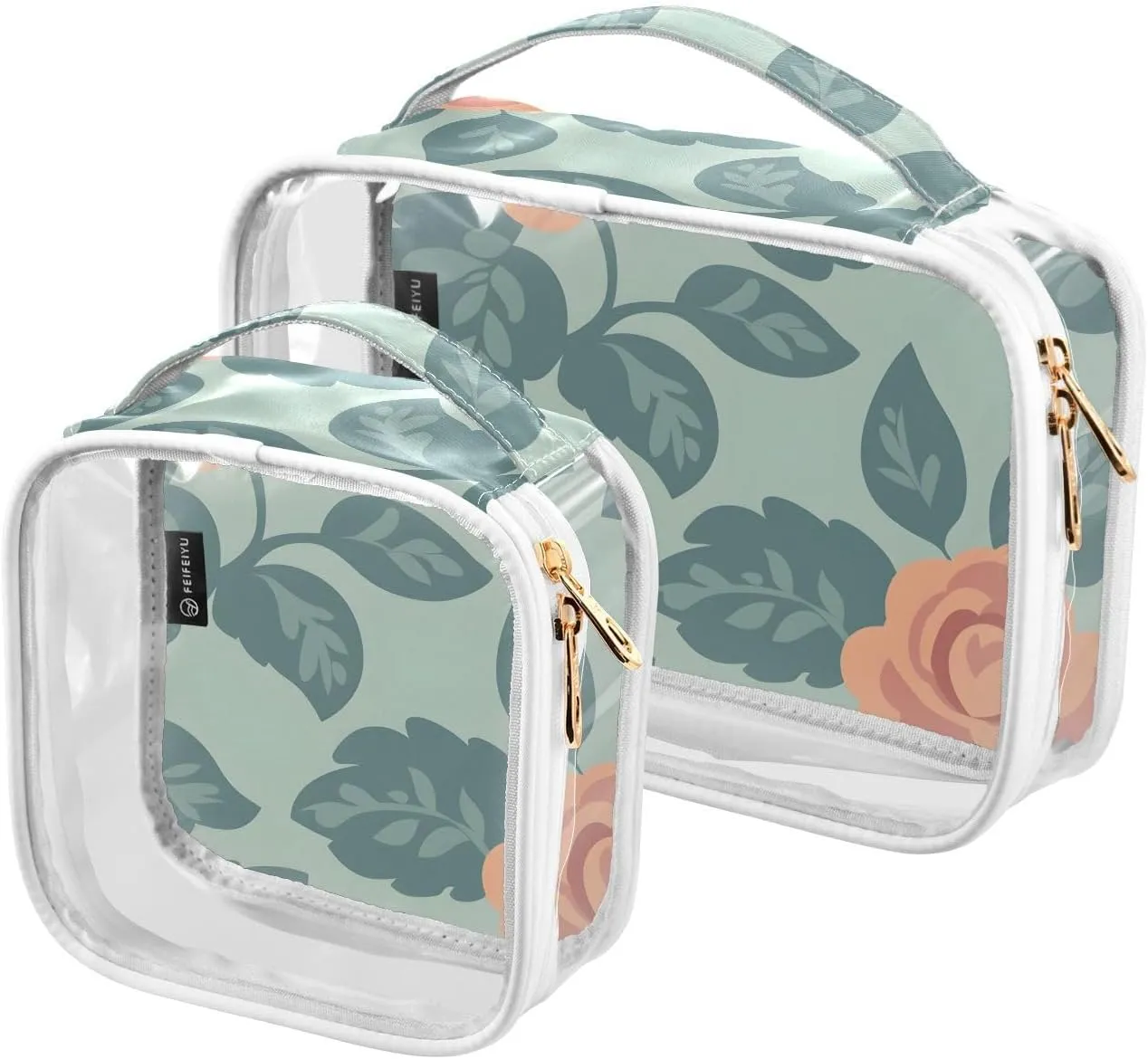 2 Pack Clear Makeup Bag, Rose Flower Pattern Green Leaves Cosmetic Organizer Waterproof Travel Toiletry Bags for Women Transparent Handbag Purse