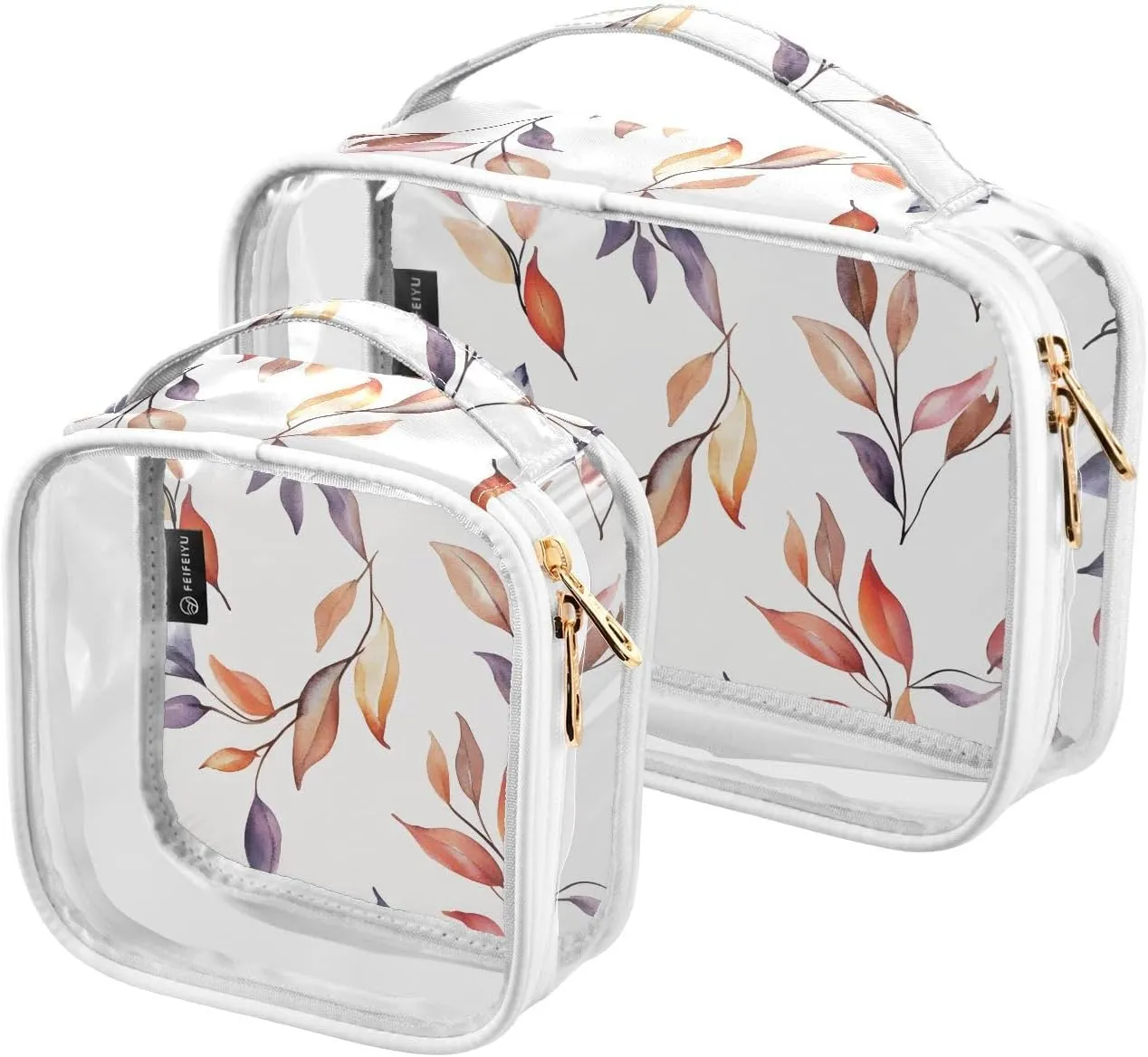 2 Pack Clear Makeup Bag, Watercolor Leaves Pattern Cosmetic Organizer Waterproof Travel Toiletry Bags for Women Transparent Handbag Purse