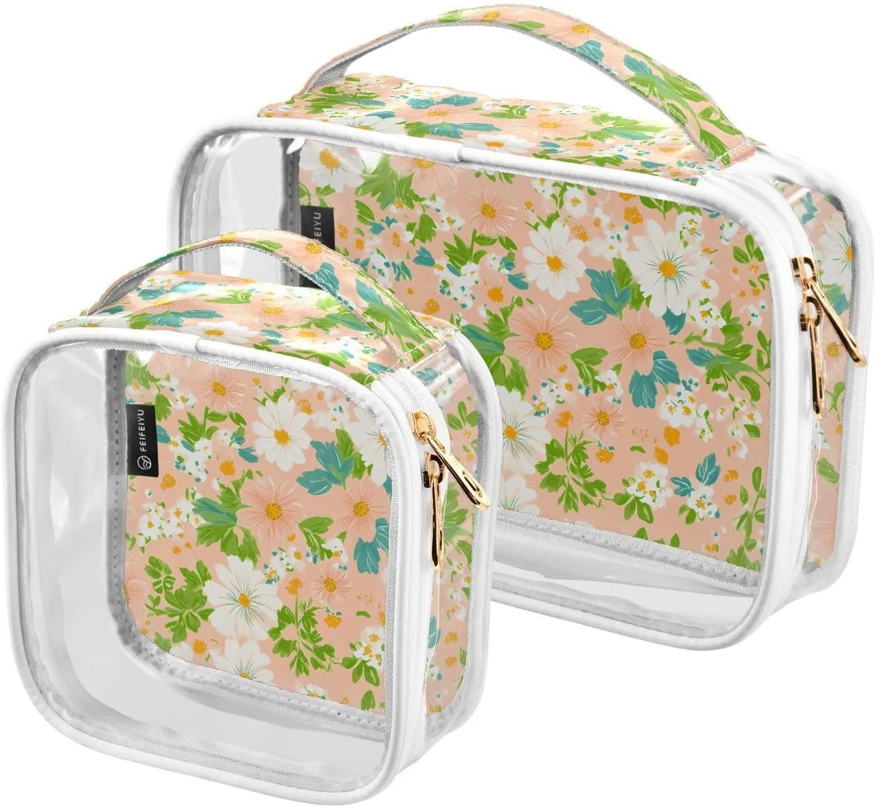 2 Pack Clear Makeup Bag, White Pink Flower Green Leave Pattern Cosmetic Organizer Waterproof Travel Toiletry Bags for Women Transparent Handbag Purse