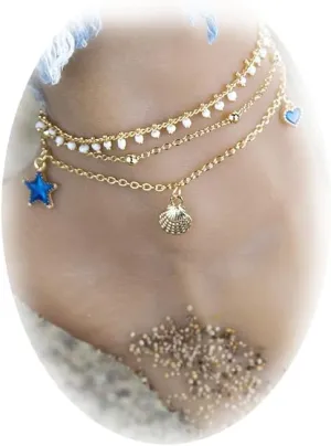 2 Pcs Heart Ankle Bracelets For Women Crystal Rhinestone Tennis Armlet Bracelet For Cuban Link Anklet Crystal Tennis Heart Pendant Anklets Boho Foot Chain Bracelet Rhinestone Leg Bracelet Jewelry (Blue Starfish)