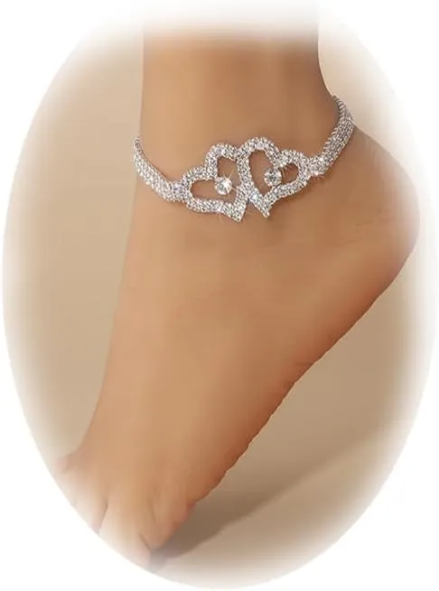 2 Pcs Heart Ankle Bracelets For Women Crystal Rhinestone Tennis Armlet Bracelet For Cuban Link Anklet Crystal Tennis Heart Pendant Anklets Boho Foot Chain Bracelet Rhinestone Leg Bracelet Jewelry (Double Love)