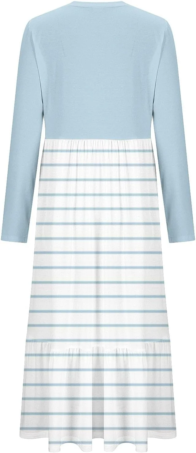 2024 Long Sleeve Casual Dress Tunics for Women Crew Neck Pullover Patchwork Plus Size Maxi Dresses with Pockets