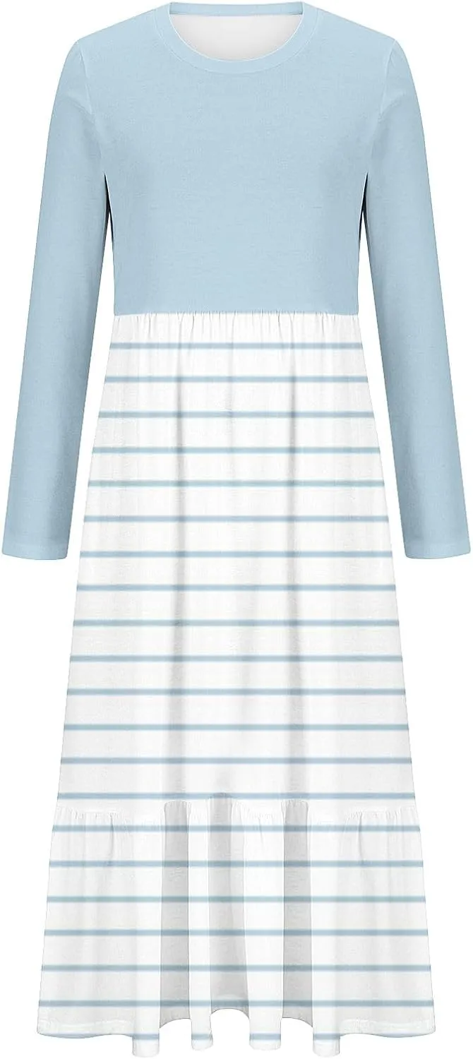 2024 Long Sleeve Casual Dress Tunics for Women Crew Neck Pullover Patchwork Plus Size Maxi Dresses with Pockets