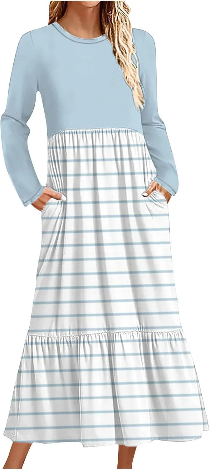 2024 Long Sleeve Casual Dress Tunics for Women Crew Neck Pullover Patchwork Plus Size Maxi Dresses with Pockets