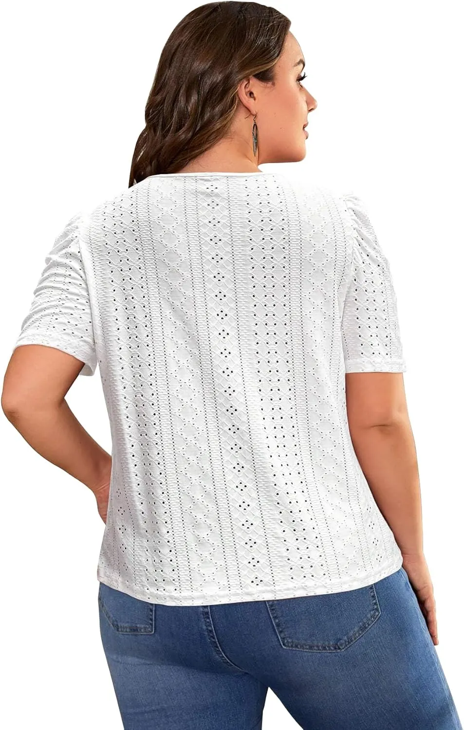 2025 Womens Plus Size Tops Eyelet Embroidery Puff Sleeve Tee Crew Neck Shirts Casual Soft Blouse Loose Fit Tees